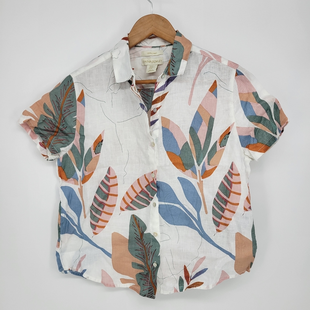 Cynthia Rowley women's linen tropical foliage floral button down shirt xs